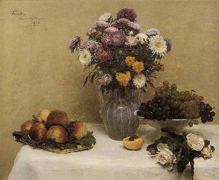 Henri Fantin-Latour White Roses, Chrysanthemums in a Vase, Peaches and Grapes on a Table with a White Tablecloth oil painting image